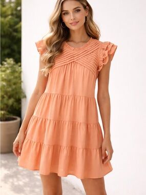 Entro Peach Tiered Ruffle Sleeve Pleated Neckline Dress Size M
